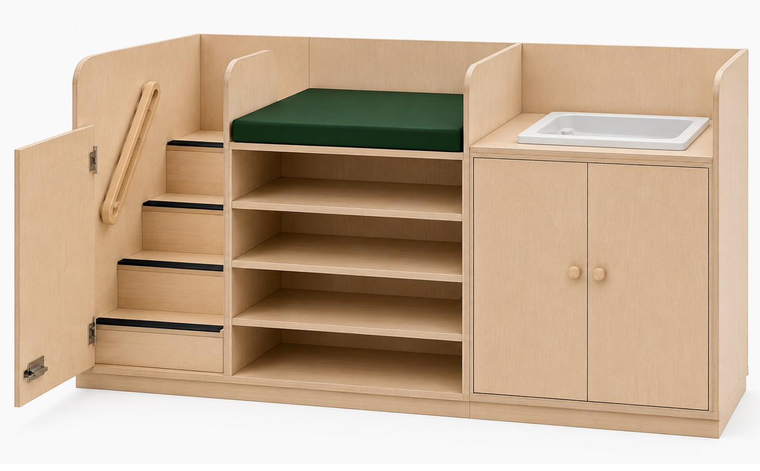 Wickelkommode Kufstein mit offenem Schrank Duschtasse und Treppe